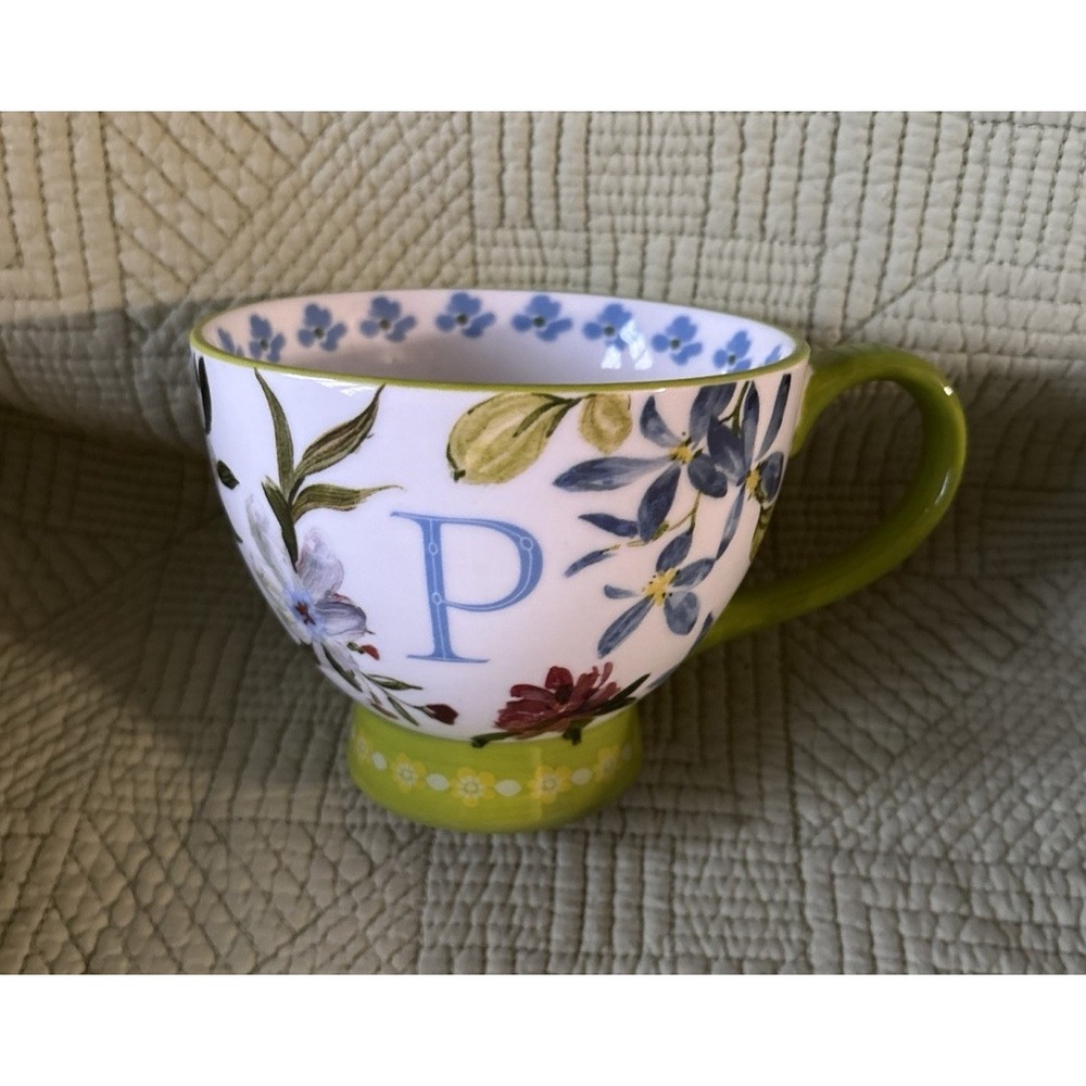 Floral Monogram "P" Footed Coffee Mug Green Handle Botanical Initial Cup